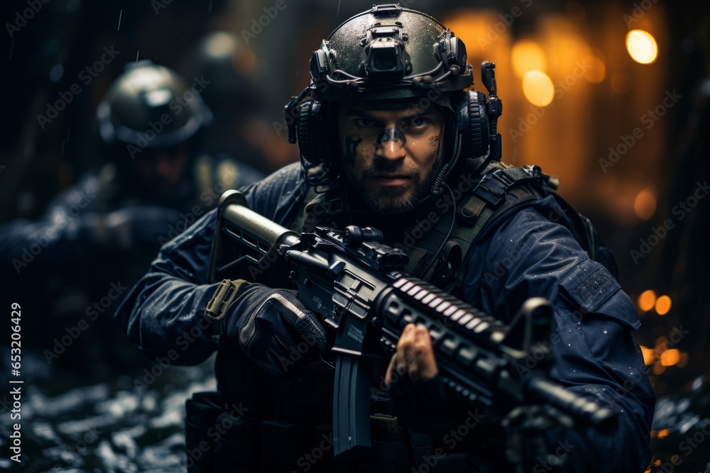 Navy SEAL breacher in action, entering a secured facility, Generative AI Navy SEAL breacher in action, entering a secured facility, Generative AI