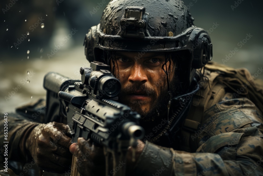 Navy SEAL conducting reconnaissance with advanced optics, Generative AI Navy SEAL conducting reconnaissance with advanced optics, Generative AI