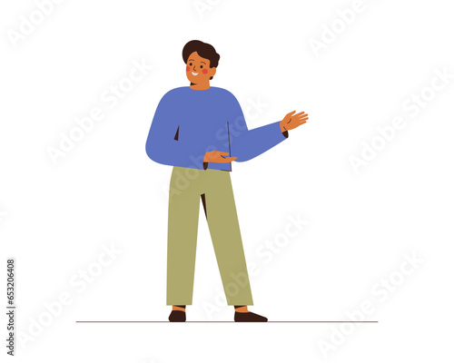 Man explains and points aside with hands. Male character represents something with hand gesture. Businessman speaks about offer or promotions. Vector illustration