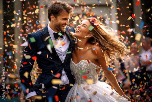 a happy couple in their wedding with confetti