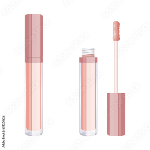 Pink lipstick or lipgloss. Peach lipstick in a transparent glass tube  with foam rubber applicator. Vector illustration