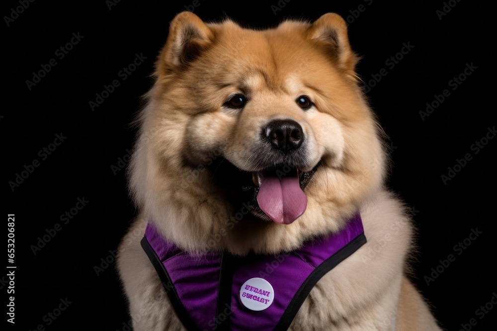 Medium shot portrait photography of a happy chow chow dog wearing a safety vest against a deep purple background. With generative AI technology