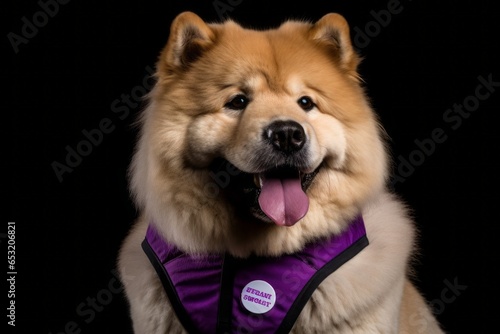 Medium shot portrait photography of a happy chow chow dog wearing a safety vest against a deep purple background. With generative AI technology © Markus Schröder