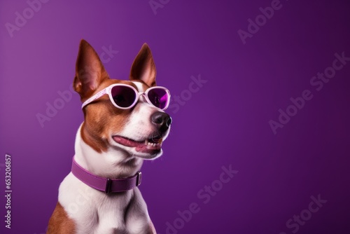 Medium shot portrait photography of a funny basenji dog wearing a trendy sunglasses against a deep purple background. With generative AI technology © Markus Schröder