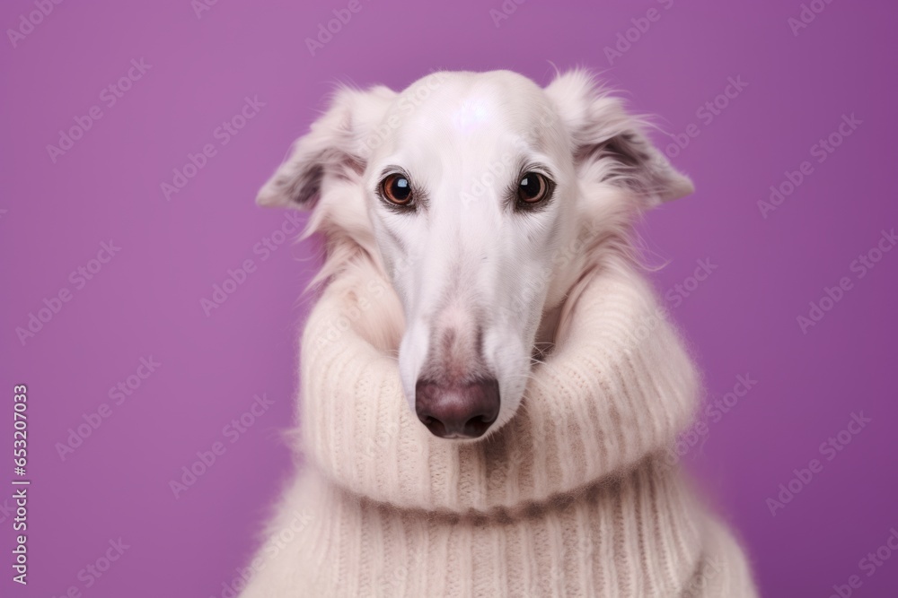 Medium shot portrait photography of a funny borzoi wearing a cashmere sweater against a deep purple background. With generative AI technology Medium shot portrait photography of a funny borzoi wearing a cashmere sweater against a deep purple background. With generative AI technology