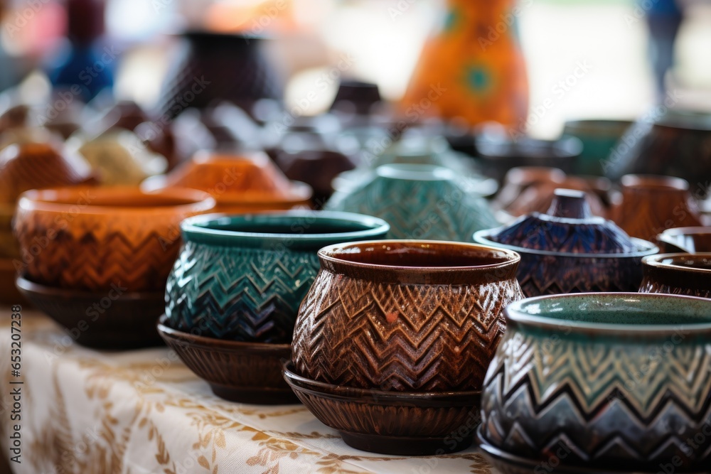 closeup of handcrafted pottery in a craft fair