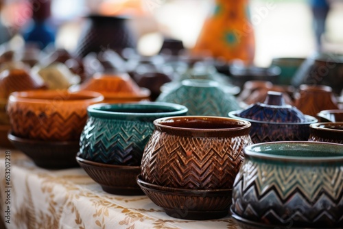 closeup of handcrafted pottery in a craft fair