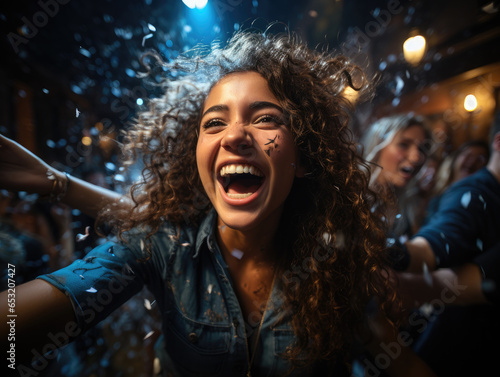 Close up of happy excited pretty teenager girl feels overjoyed, enjoy cool party night in club with friends, falling confetti from above creates a festive atmosphere. Holiday, life events celebration © fizkes