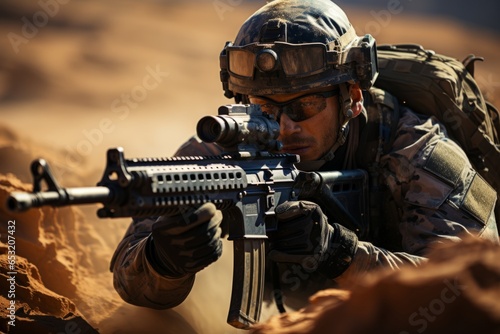  Navy SEAL team practicing tactical maneuvers on a desert terrain, Generative AI