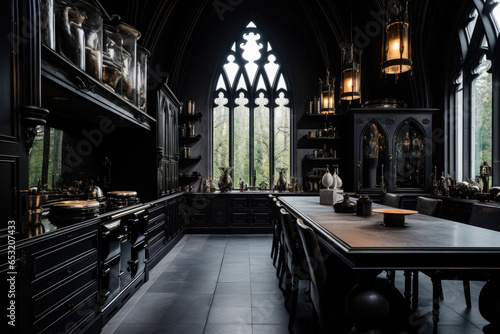 Crafting a Captivating Symphony of Shadows: A Luxurious and Moody Gothic-Inspired Kitchen Interior, Blending Contemporary Elegance with Striking Gothic Elements.
