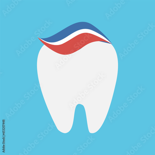 Healthy tooth with toothpaste on a blue background. Vector, flat style