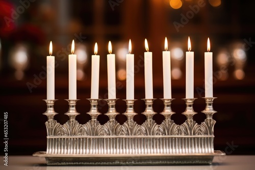 close-up shot of shiny silver menorah with white candles