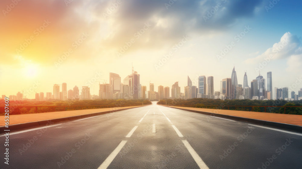 a view of a highway leading to an empty skyline and traffic at city