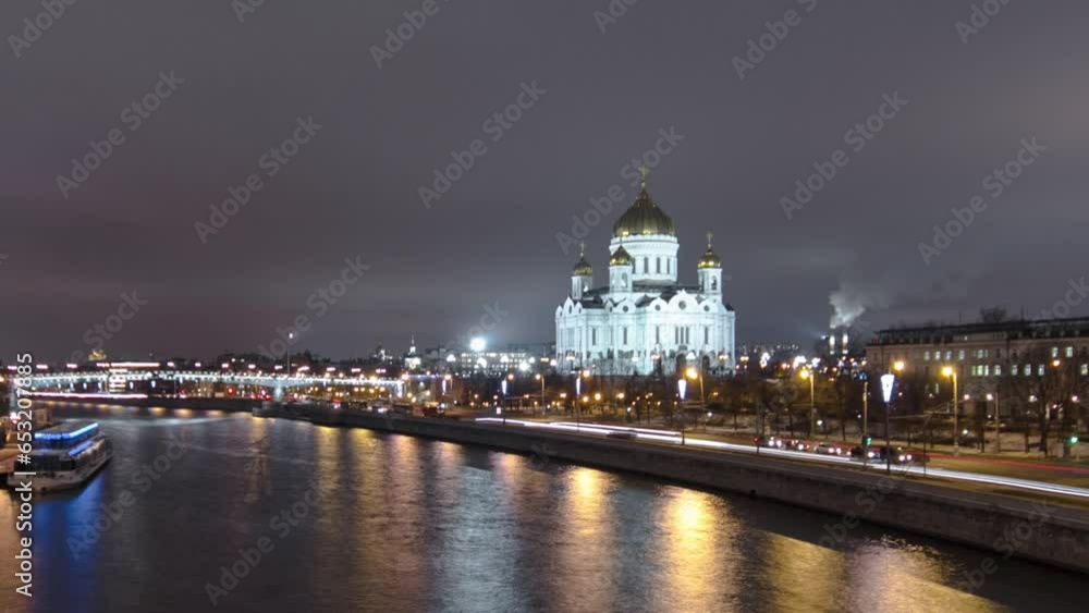 Orthodox Cathedral of Christ the Savior: A Majestic Dusk Illumination by the Moscow River. The world's tallest Orthodox church, tranquil light along the banks of the Moscow River timelapse hyperlapse Orthodox Cathedral of Christ the Savior: A Majestic Dusk Illumination by the Moscow River. The world's tallest Orthodox church, tranquil light along the banks of the Moscow River timelapse hyperlapse