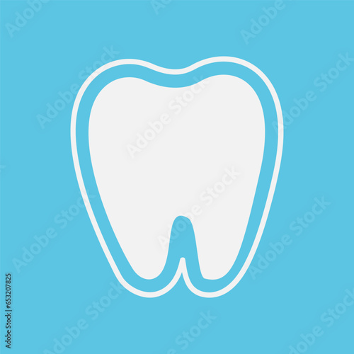 A white tooth with a shield on a blue background. Vector, flat style