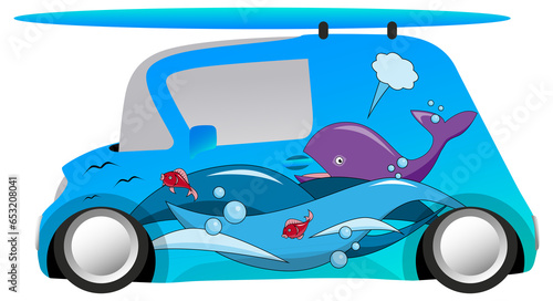 ocean aerography mini cartoon car with a surfboard photo