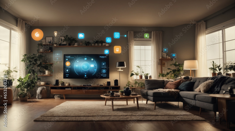 illustrate the concept of the Internet of Things with an image of a smart home, featuring various connected devices and appliances, shot from a low angle with a wide-angle lens generative AI - obrazy, fototapety, plakaty 