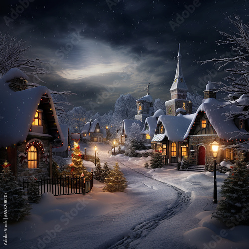 Christmas card with cute, winter village landscape at night © Маргарита Колесник