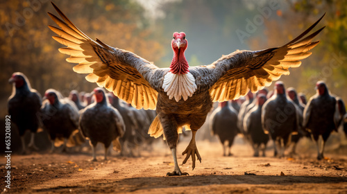Running, large turkey with its wings spread on the country road. Free range turkey, poultry. Thanksgiving. photo