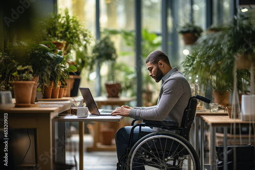 Young 30s disabled handicapped man working on laptop seated on wheelchair, do freelance job in modern coworking office, typing e-mail, doing remote telework using modern tech and internet connection