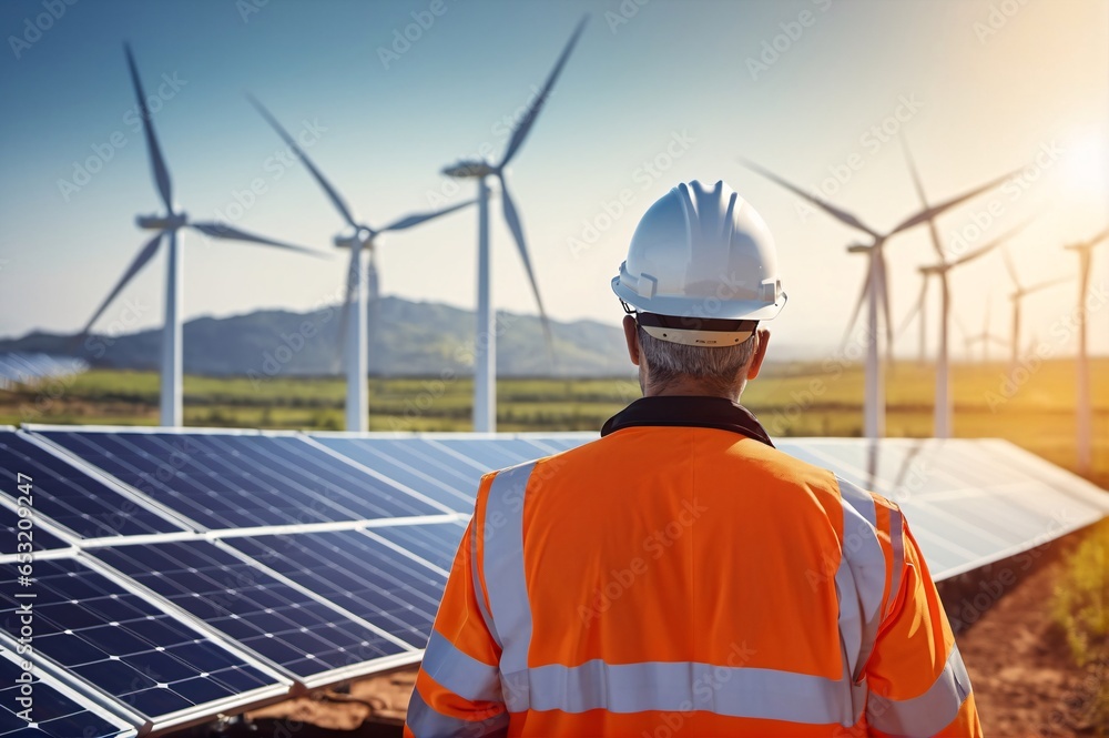 Ein Ingenieur für erneuerbare Energien oder Arbeiter mit Helm und Schutzweste blickt auf einen Solarpark und Windpark. Ein Ingenieur für erneuerbare Energien oder Arbeiter mit Helm und Schutzweste blickt auf einen Solarpark und Windpark.