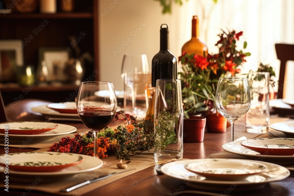 a table set for a festive meal, with empty plates and glasses