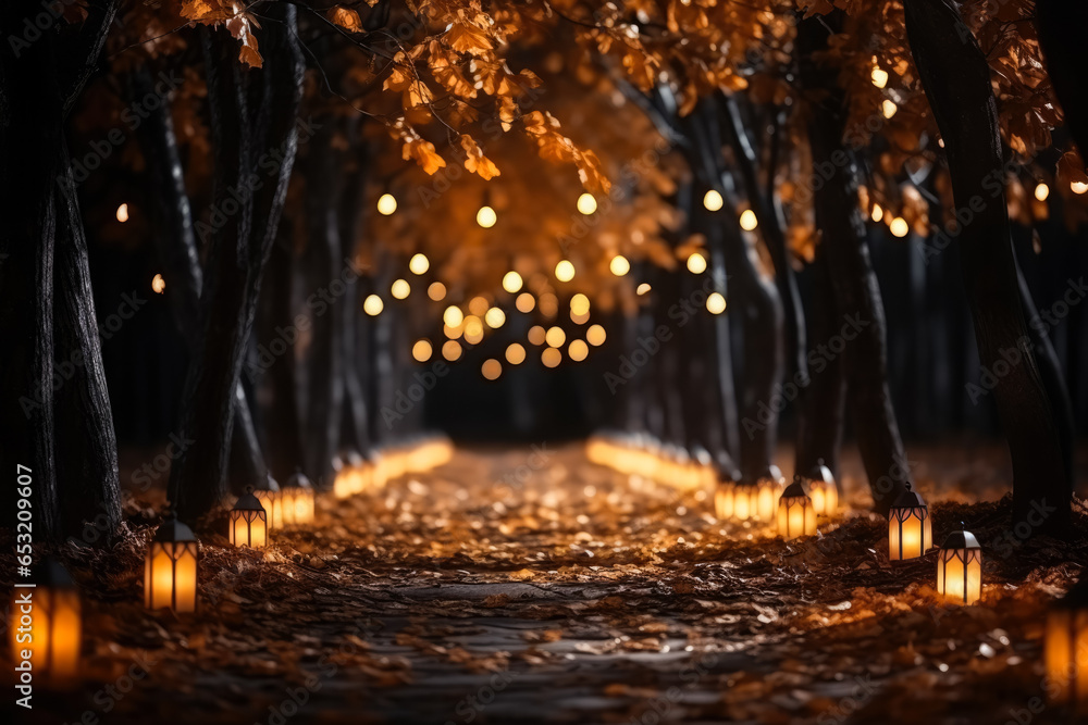 Glowing Halloween pathway lights eerie outdoor scene background with empty space for text 