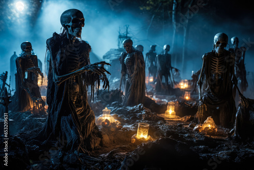 Ghoulishly illuminated graveyard scene for an outdoor Halloween terror spectacle 