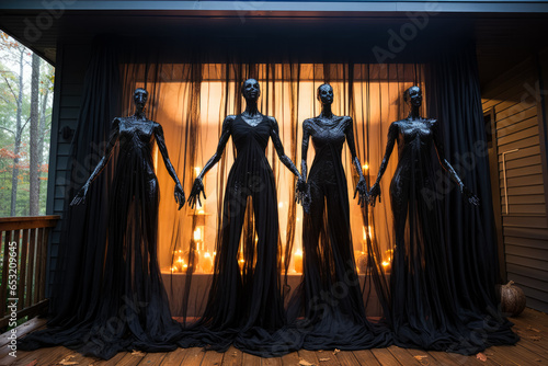 Frightening porch display with life-size monster silhouettes for Halloween surprise 