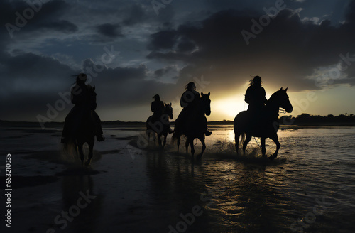 Four people backlit riding horses on a beach at sunset