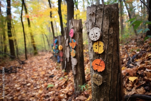 hiking trail markers on tree trunks in fall