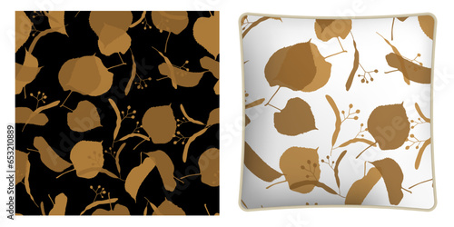 Square decorative pillow, bedroom accessory decorated silhouettes of linden leaves seamless pattern. Autumn fallen leaves of linden tree. Vector ornament for design of posters and printing on textile