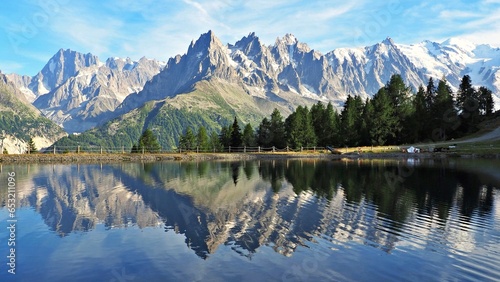beautiful Alps mountains reflected in a lake near Chamonix, France 