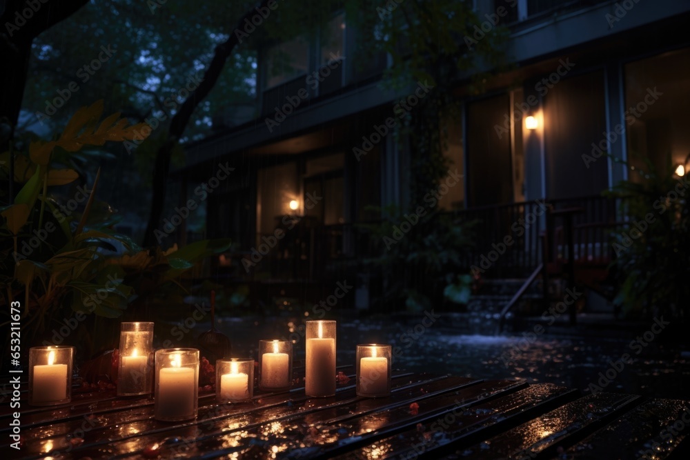 outdoor candles flickering in the dark