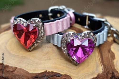 two fancy cat collars with jewel tags next to each other