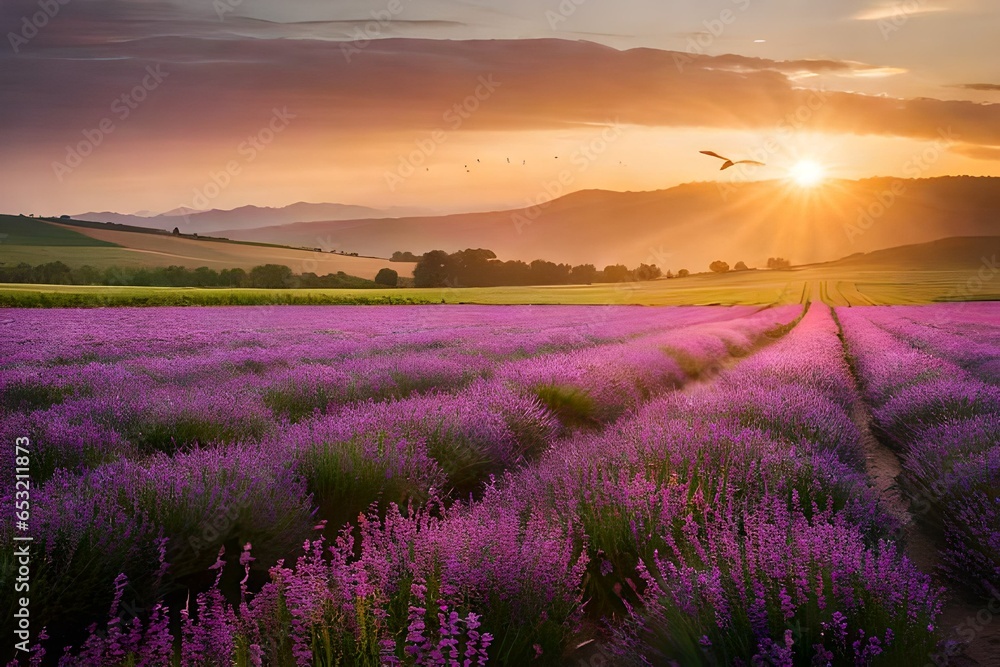 A field of purple flowers at the sunset. AI-Generated A field of purple flowers at the sunset. AI-Generated