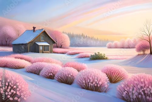 landscape with a house near pink flowers. AI-Generated