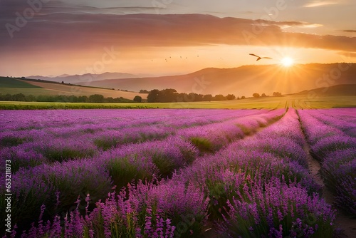 A field of purple flowers at the sunset. AI-Generated