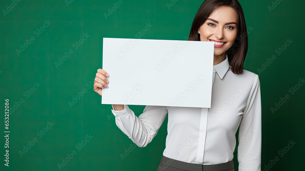 Professional woman presenting blank signboard on green backdrop. Professional woman presenting blank signboard on green backdrop.