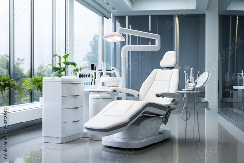 Modern dental office setup showcasing equipment background with empty space for text 