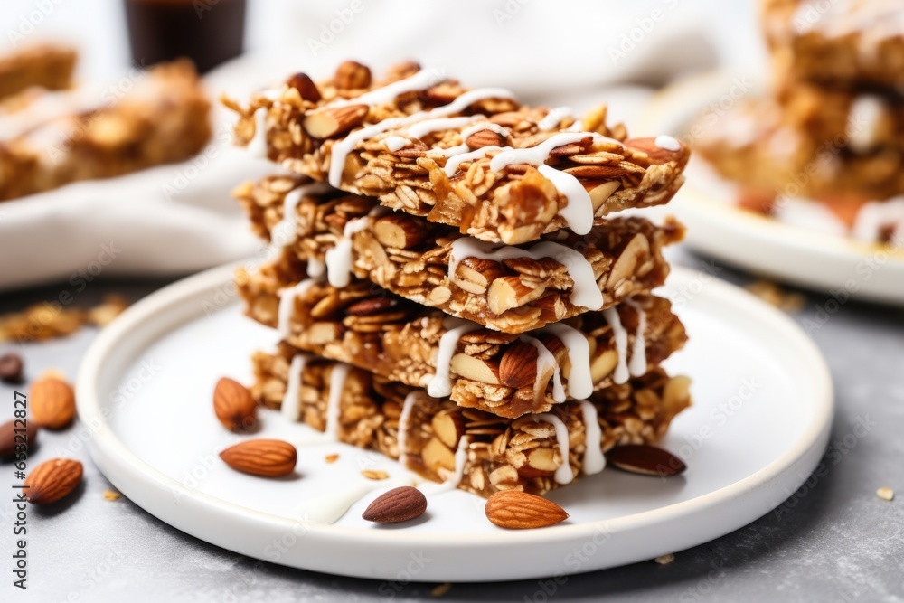 healthy granola bars stacked on a white plate