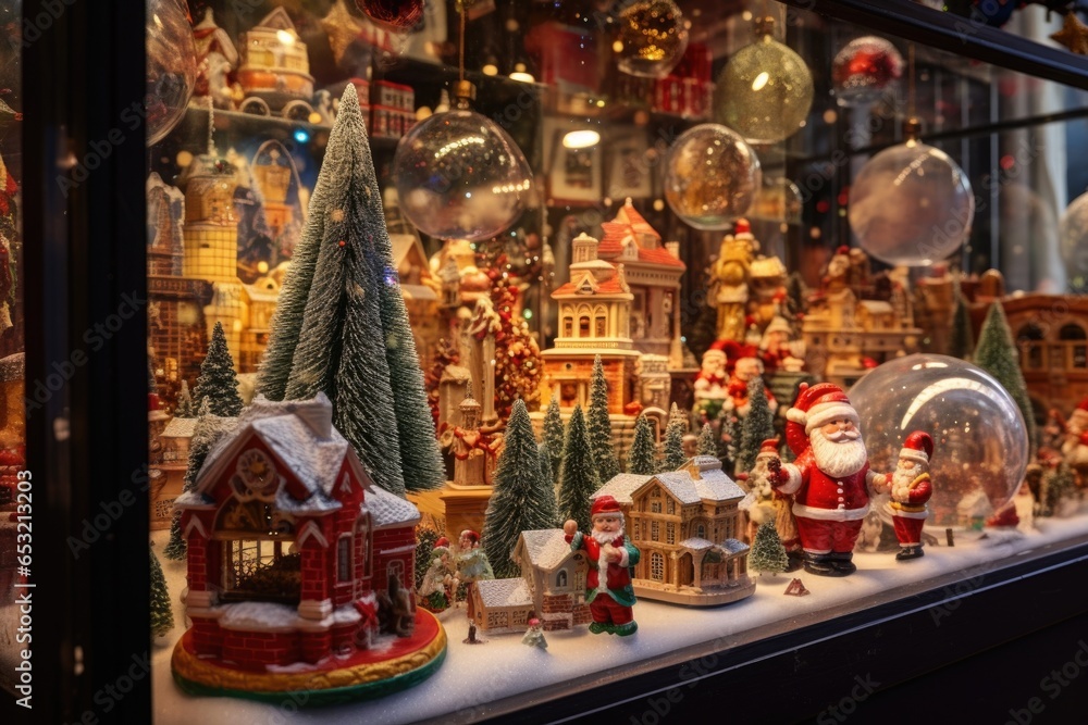 snow globe stall with a variety of christmas scenes - obrazy, fototapety, plakaty 