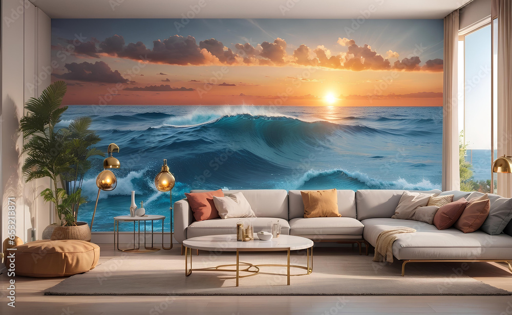 Fototapeta premium A Luxury modern living room with ocean sunset image background.