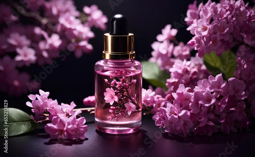 A face serum bottle surrounded by pink lilac flowers.