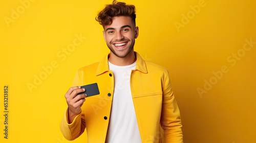 Happy young man showing credit card photo