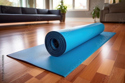 yoga mat rolled on a hardwood floor