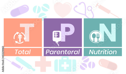 TPN - Total Parenteral Nutrition acronym. medical concept background. vector illustration concept with keywords. lettering illustration with icons for web banner, flyer, landing page