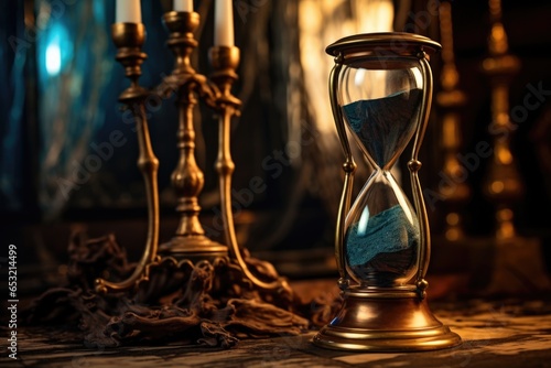 an antique hourglass on side next to a modern clock showcasing midnight