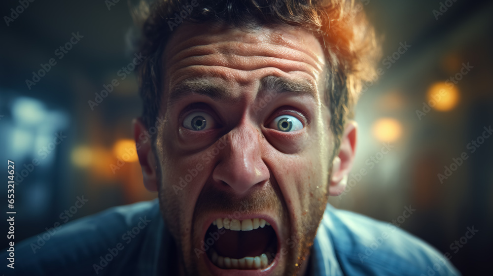 An angry man is screaming fearlessly, showing his teeth in a display of horror and upset. An angry man is screaming fearlessly, showing his teeth in a display of horror and upset.