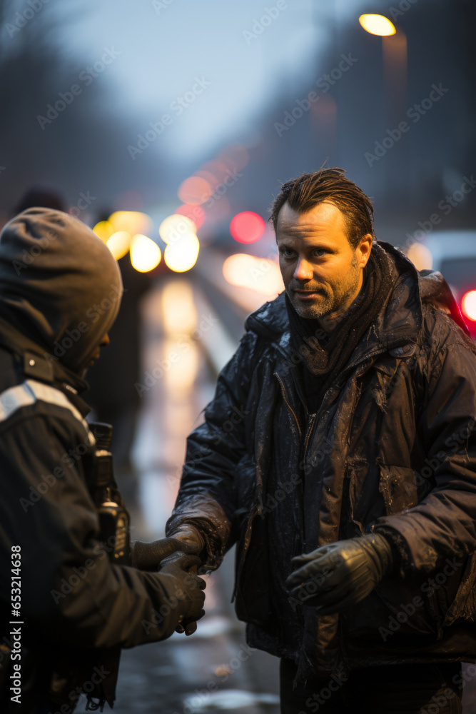 Fototapeta premium Police officer assisting a stranded motorist on a busy highway, Generative AI